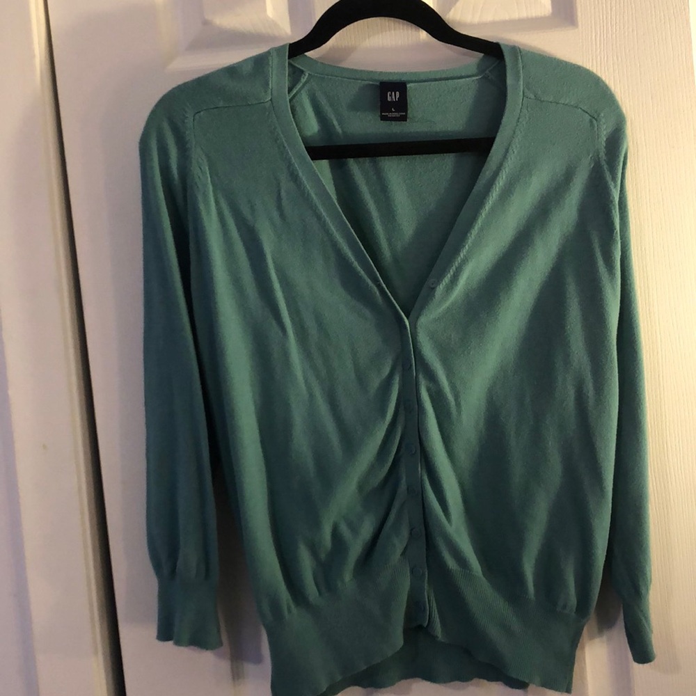3/4 sleeve dusty teal cardigan sweater